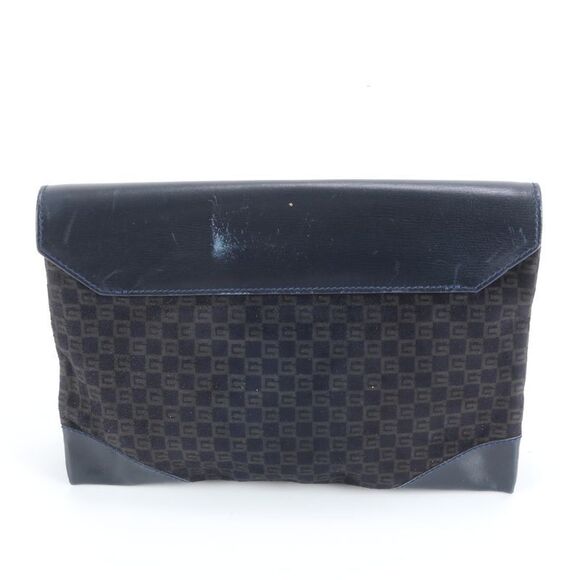 Old Gucci Leather Second Bag Clutch Pouch Commuter Business Navy Gold Hardware - Picture 2 of 11